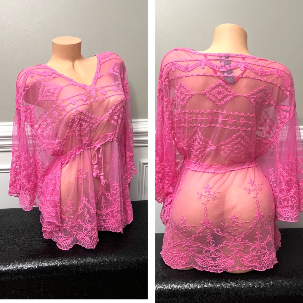 Vince Camuto Hot Pink Boho Embroidered Swim Coverup Vacation Beach Pool - Picture 9 of 15